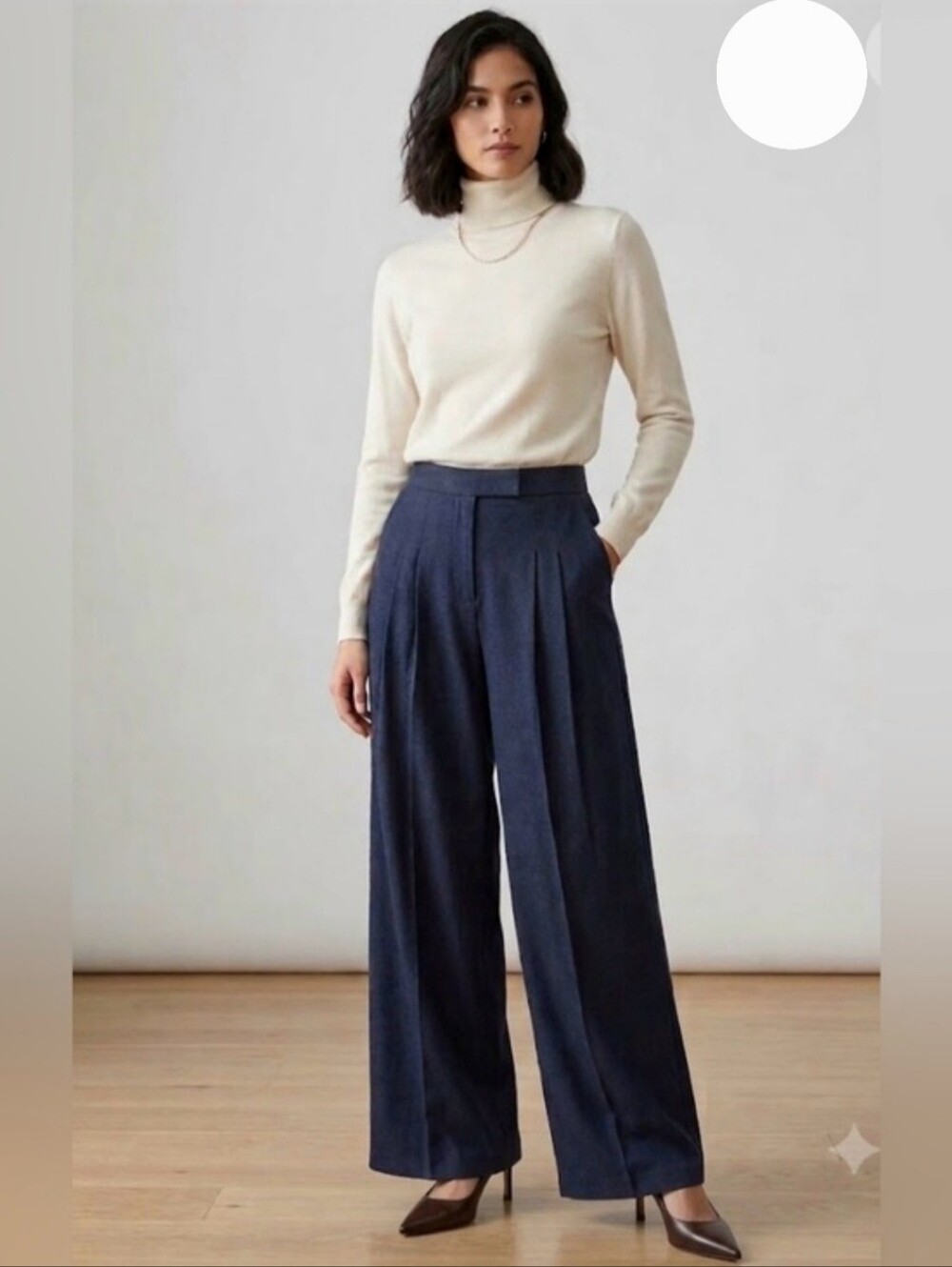 Commense Navy Pleated Wide Leg Flowy Knit Pants Size Medium